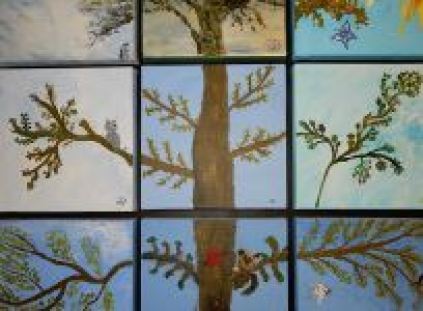 Håndmalede billeder af træ med fugle